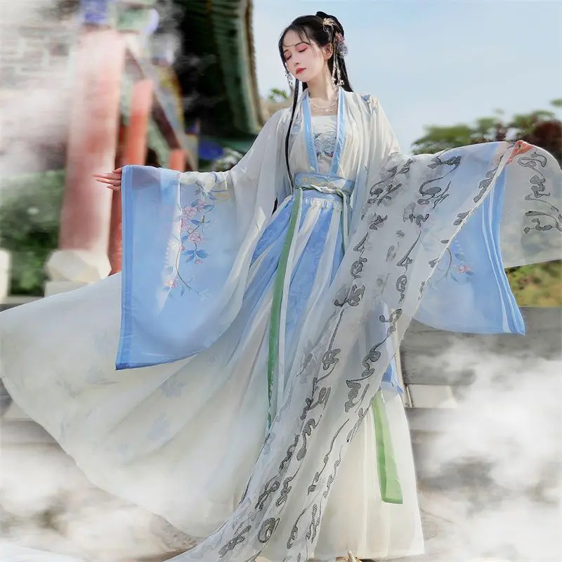 New Chinese Hanfu Dress Floral Print Elegant Two-Tone Maxi Skirt Women's Summer Autumn Boho Chic Fashion vestidos chinos