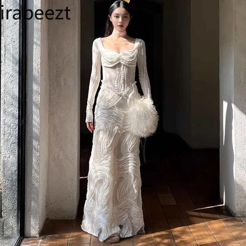 Romantic White Textured Knit Dress Women 2025 Square Neck Long Sleeve Elegant A-line Maxi Dress Winter Slimming Party Gown
