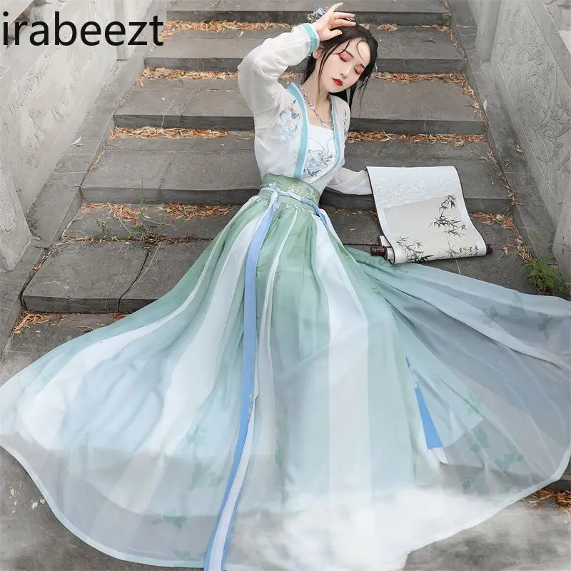 New Chinese Hanfu Dress Floral Print Elegant Two-Tone Maxi Skirt Women's Summer Autumn Boho Chic Fashion vestidos chinos