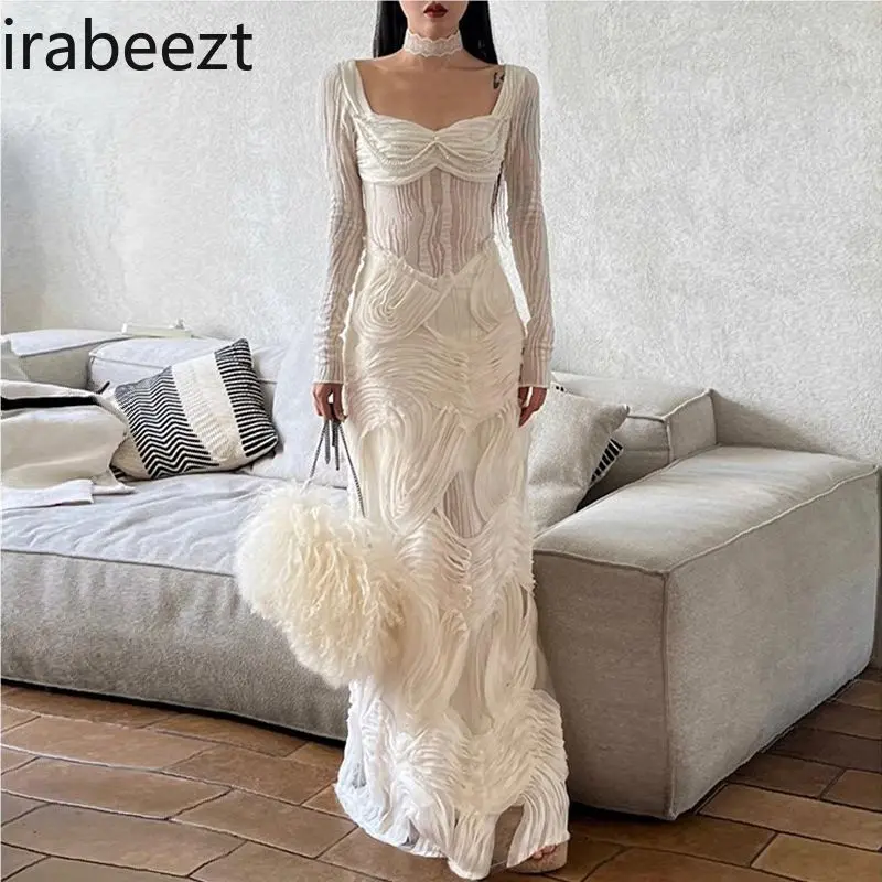 Romantic White Textured Knit Dress Women 2025 Square Neck Long Sleeve Elegant A-line Maxi Dress Winter Slimming Party Gown