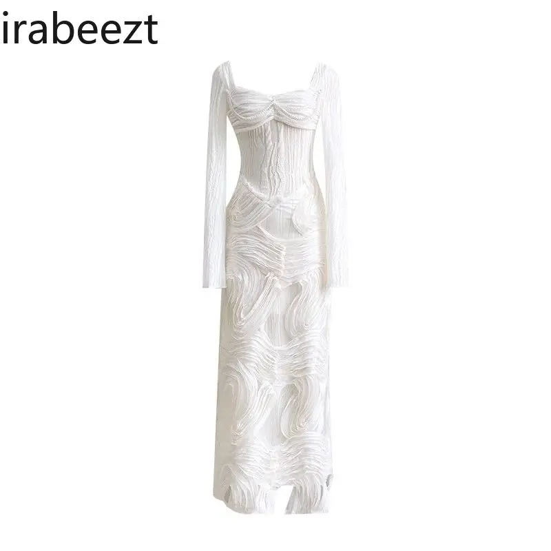 Romantic White Textured Knit Dress Women 2025 Square Neck Long Sleeve Elegant A-line Maxi Dress Winter Slimming Party Gown
