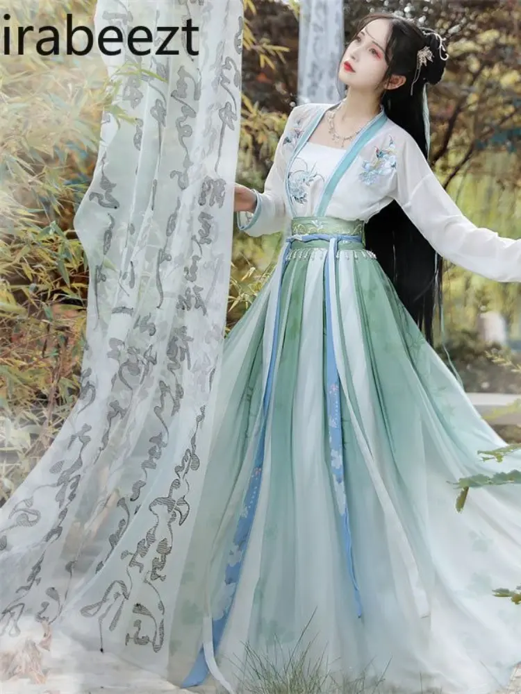 New Chinese Hanfu Dress Floral Print Elegant Two-Tone Maxi Skirt Women's Summer Autumn Boho Chic Fashion vestidos chinos