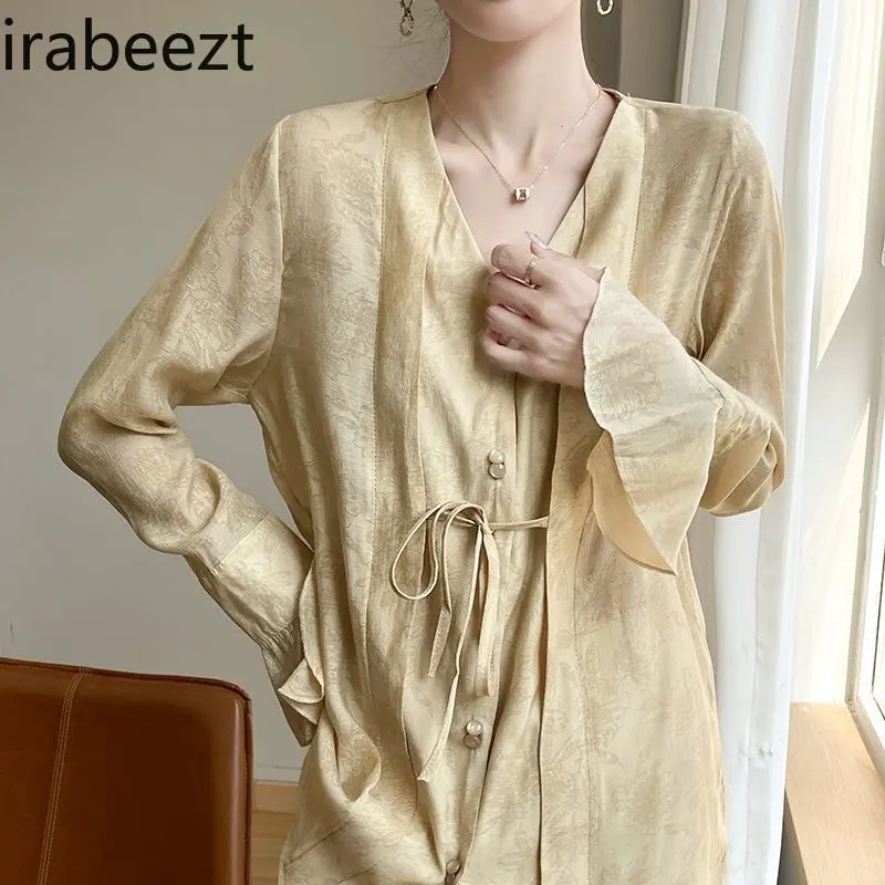 Bell Sleeve Blouse UV Protection Neo-Chinese Style Summer Shirt Lightweight Silk Rayon Breathable Phanumeric Loose Top