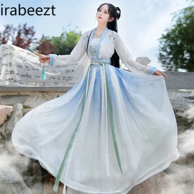 New Chinese Hanfu Dress Floral Print Elegant Two-Tone Maxi Skirt Women's Summer Autumn Boho Chic Fashion vestidos chinos