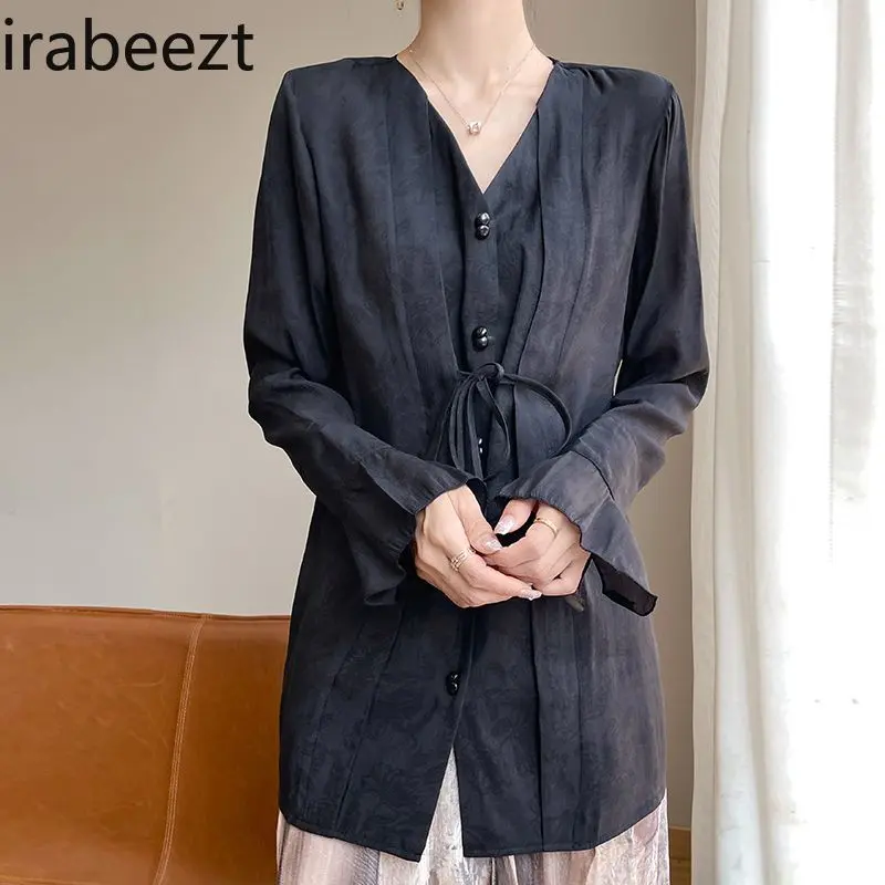 Bell Sleeve Blouse UV Protection Neo-Chinese Style Summer Shirt Lightweight Silk Rayon Breathable Phanumeric Loose Top