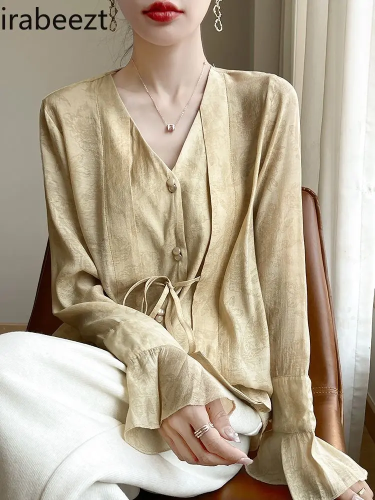 Bell Sleeve Blouse UV Protection Neo-Chinese Style Summer Shirt Lightweight Silk Rayon Breathable Phanumeric Loose Top