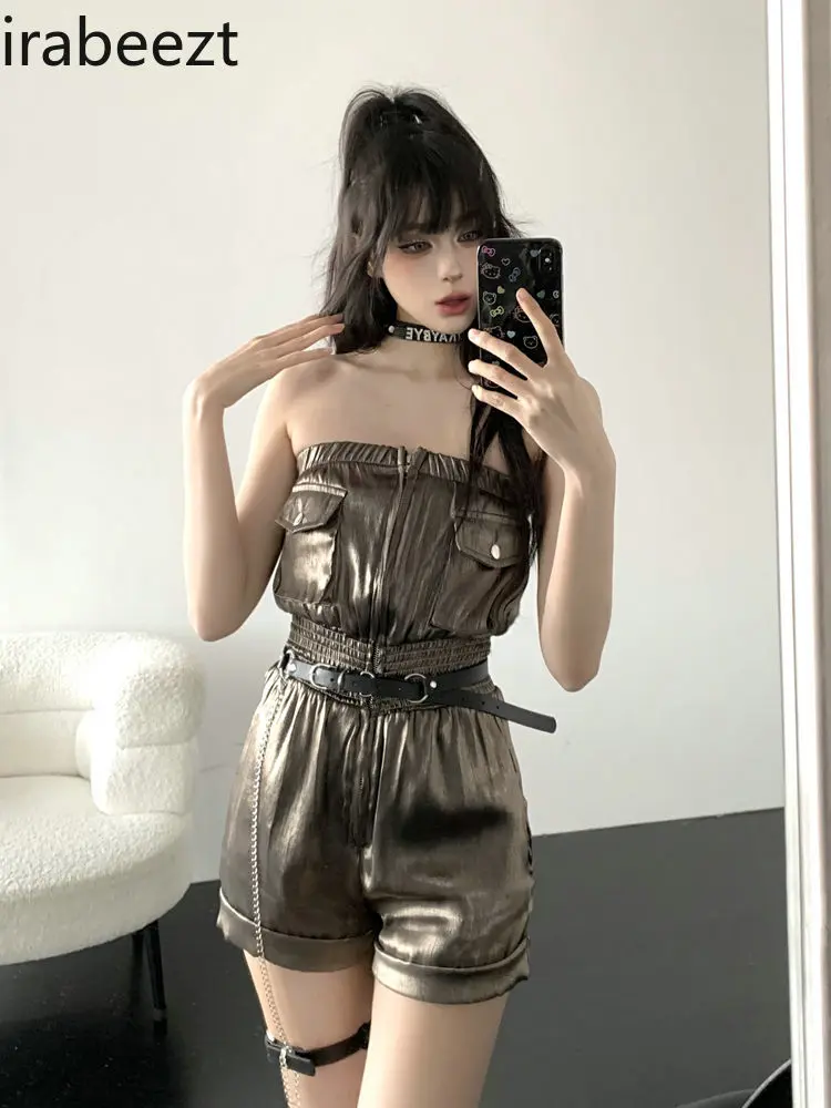 American Street Style Hot Girl Tube Top One-piece Wide-leg Jumpsuit Shorts Female Summer Petite Suit Monos Mujer Elegante