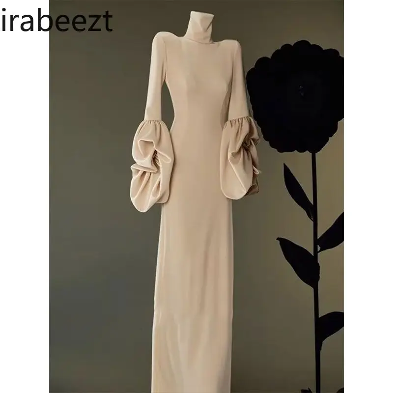 2025 New Luxury Women's Silk Velvet High-Neck Long-Sleeve Dress - Elegant Winter Mauve Midi Robe Dates & Everyday Wear