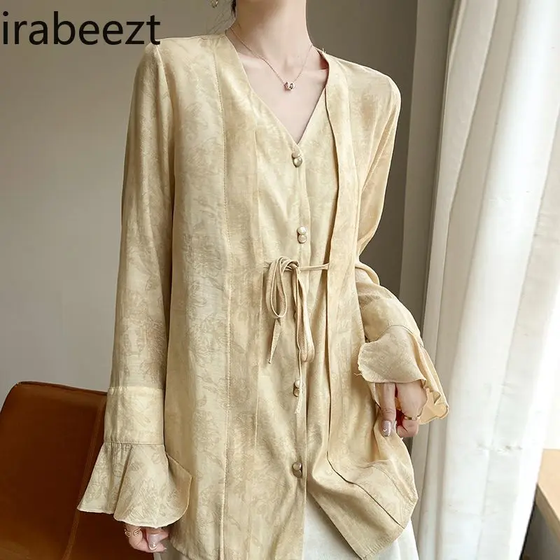 Bell Sleeve Blouse UV Protection Neo-Chinese Style Summer Shirt Lightweight Silk Rayon Breathable Phanumeric Loose Top
