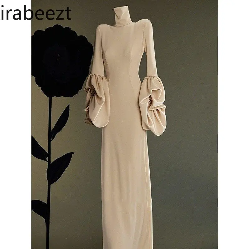 2025 New Luxury Women's Silk Velvet High-Neck Long-Sleeve Dress - Elegant Winter Mauve Midi Robe Dates & Everyday Wear