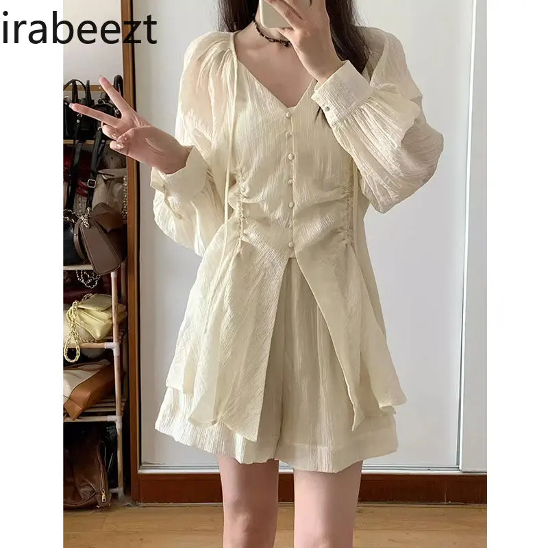 Women's Summer Linen Two-Piece Set - V-neck Tie-Front Sun Protection Blouse + Wide-Leg Loose Shorts (New 2025)