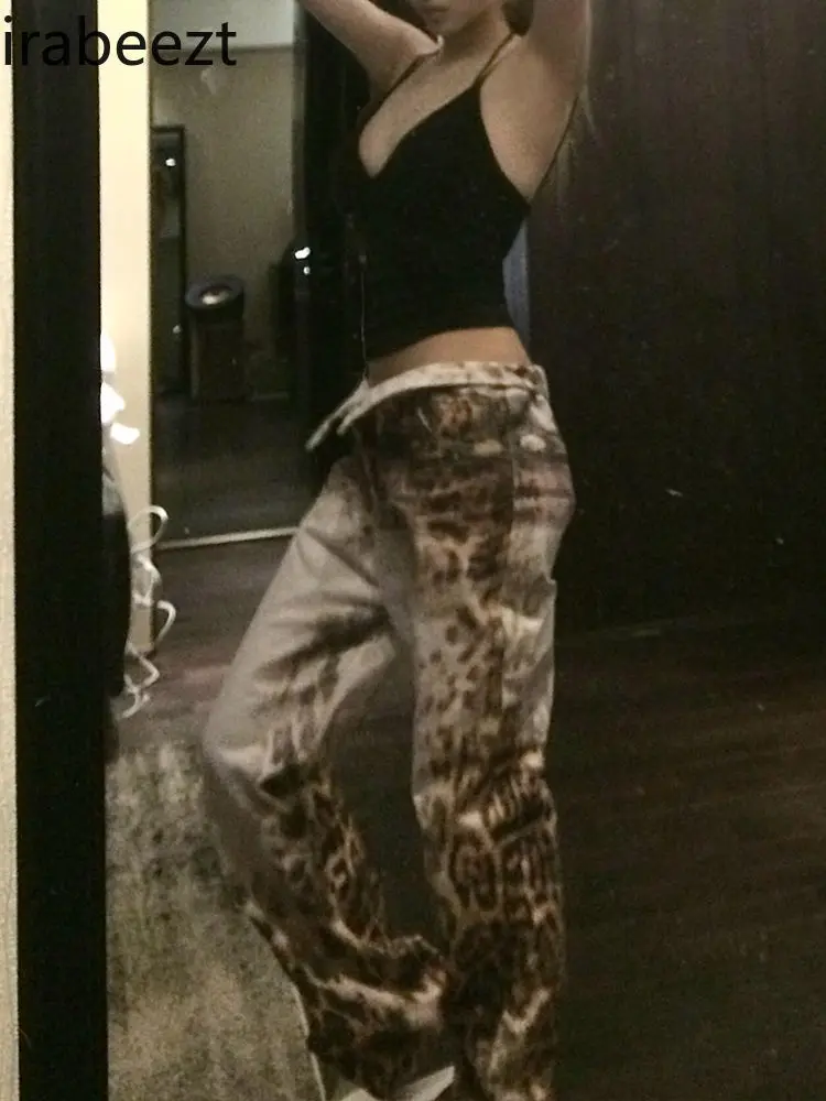 Women's Jeans - Cheetah Print Digital Wash High Waist Vintage Flared Bell Bottoms Plus Size Distressed Denim Pants for Women