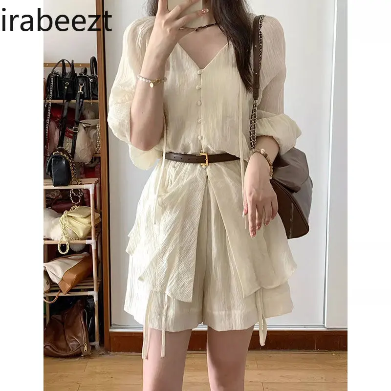 Women's Summer Linen Two-Piece Set - V-neck Tie-Front Sun Protection Blouse + Wide-Leg Loose Shorts (New 2025)