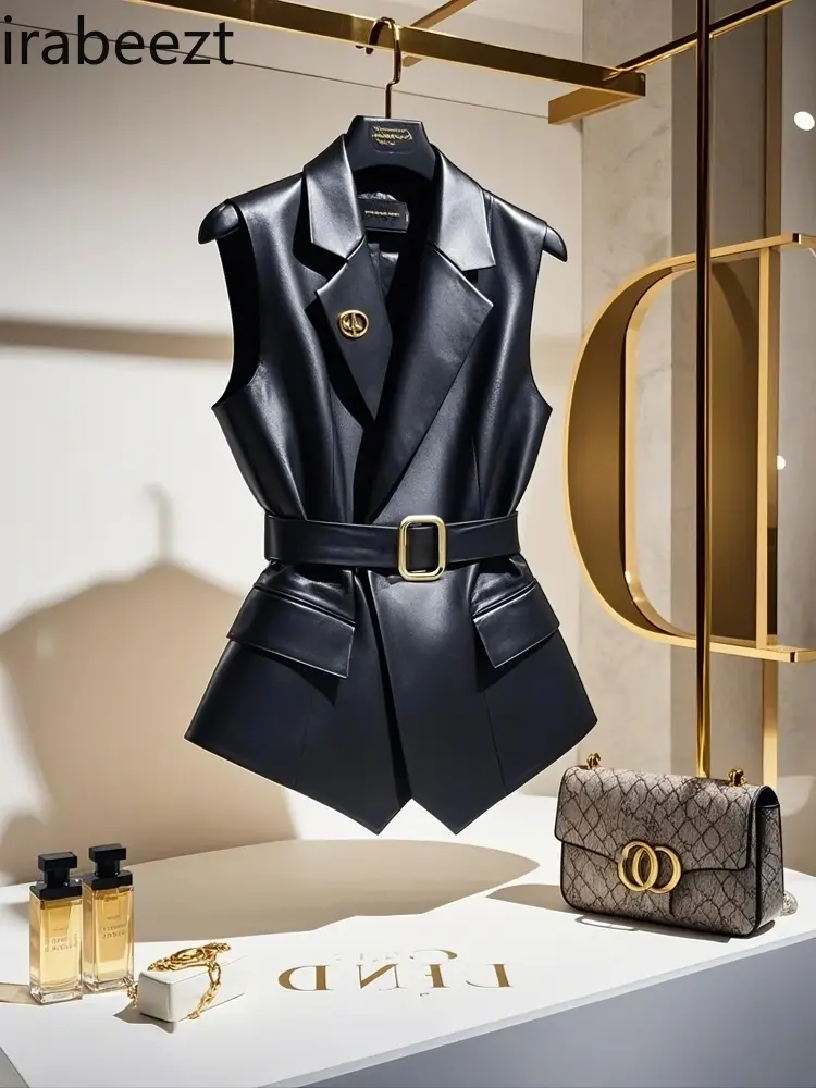 Black Leather Vest Popular This Year Unique and High-end Layered Sleeveless Jacket Spring 2025 Casual Waistcoat Women