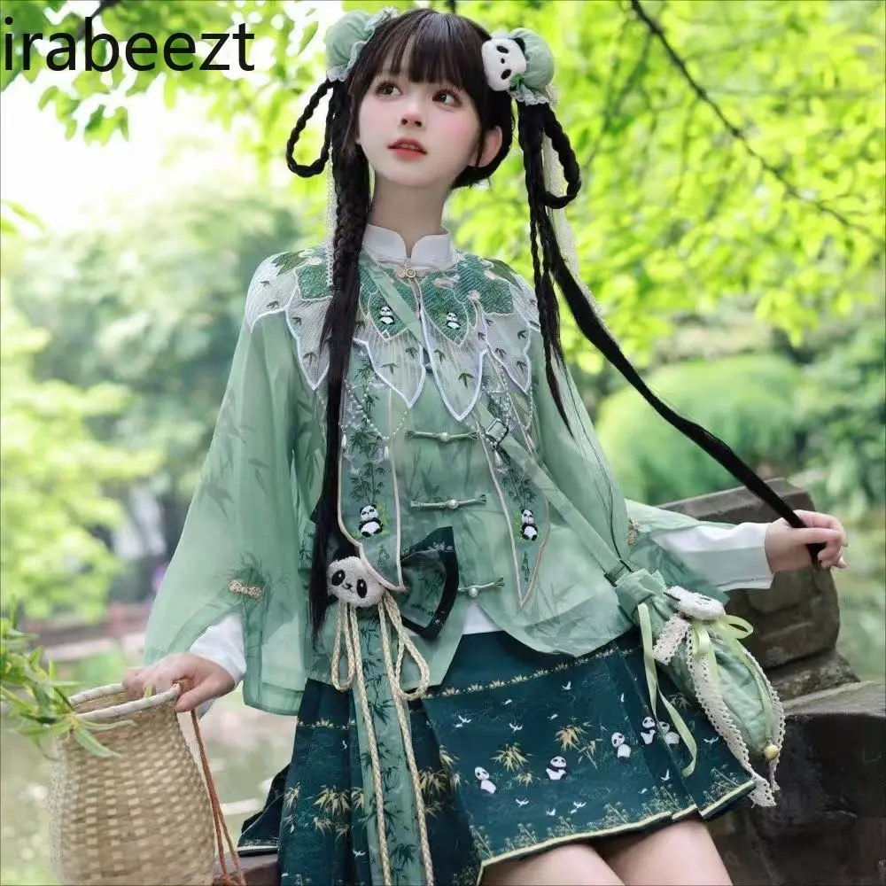 2025 New Chinese Hanfu Dress Green Panda Bamboo Print Lolita Style Qipao Cheongsam Traditional Vintage Elegant Women Outfit