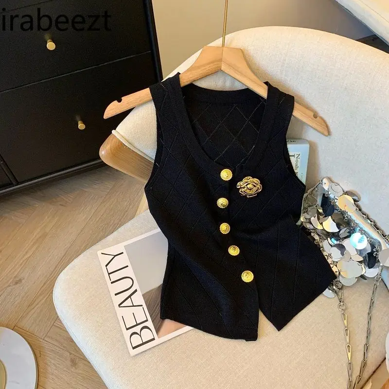 French Heavy Metal Button Hollow Knitted Vest for Women 2024 Summer New Retro Stylish Short and White Crop Top