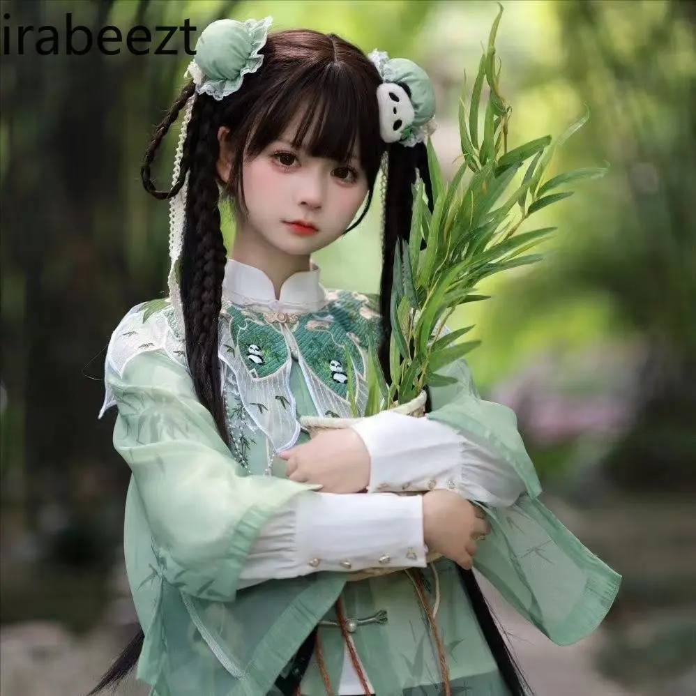 2025 New Chinese Hanfu Dress Green Panda Bamboo Print Lolita Style Qipao Cheongsam Traditional Vintage Elegant Women Outfit