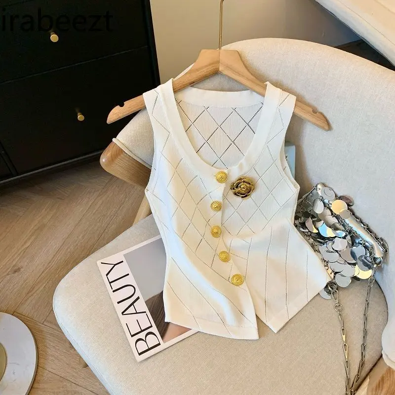 French Heavy Metal Button Hollow Knitted Vest for Women 2024 Summer New Retro Stylish Short and White Crop Top