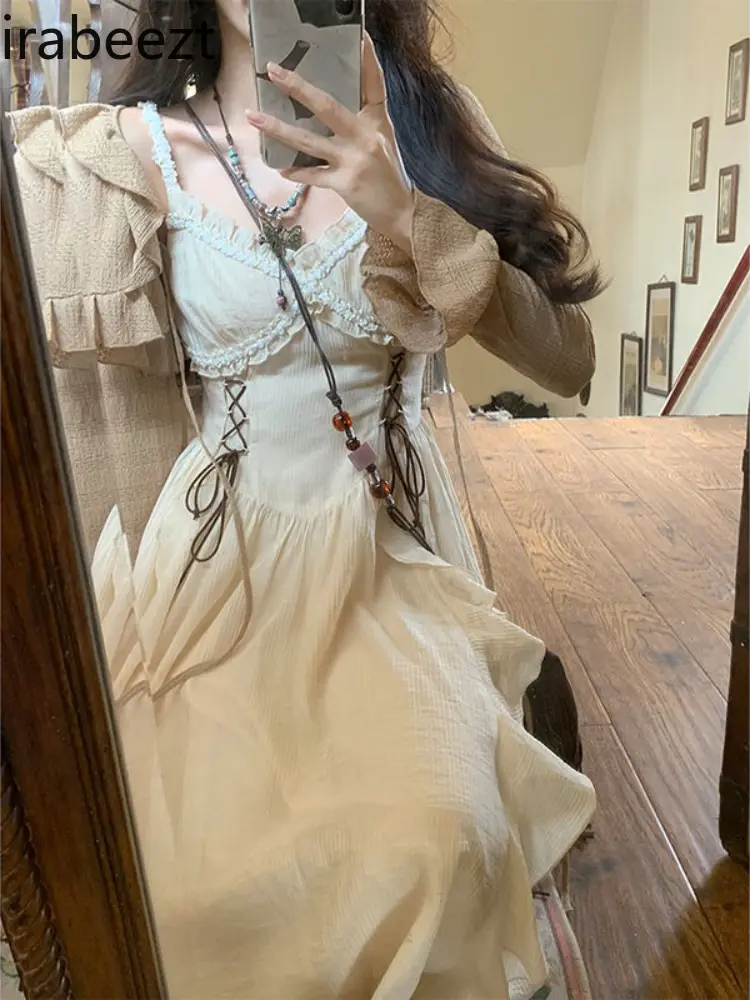 Sweet Design Ruffled Dress Long Ethnic Style Waist Slimming Temperament Suspender Dress Two Piece Sets Womens Outifits