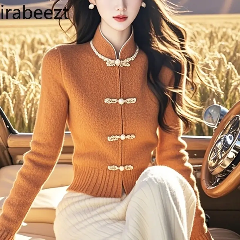 Chinese Style Knit Sweater Women Winter Autumn Slim Fit High Neck Button Front Long Sleeve Turtleneck Pullover Casual Tops