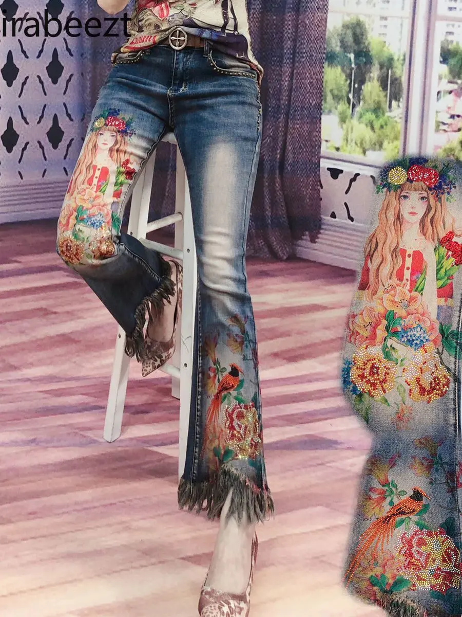 ​ ​Women's 2025 Autumn Floral Rhinestone Trousers High Waist Wide Leg Flared Denim Pants Vintage Boho Chic Women’s Jeans