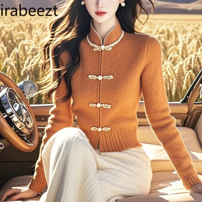 Chinese Style Knit Sweater Women Winter Autumn Slim Fit High Neck Button Front Long Sleeve Turtleneck Pullover Casual Tops
