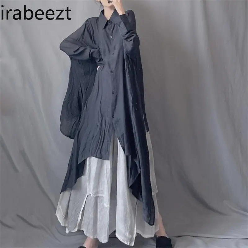 Women's Asymmetrical Flowy Skirt Blouse - Mid-Length Loose Collared Sun Protection Boho Shirt Relaxed Bohemian Style Summer Top