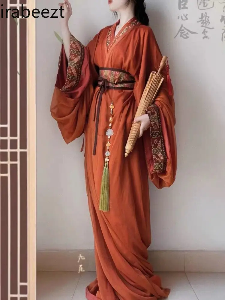 Traditional Hanfu Dress Women's Warring States Robe Long Trailing Hem Straight Cross Collar  Gown Vintage Chinese Costume