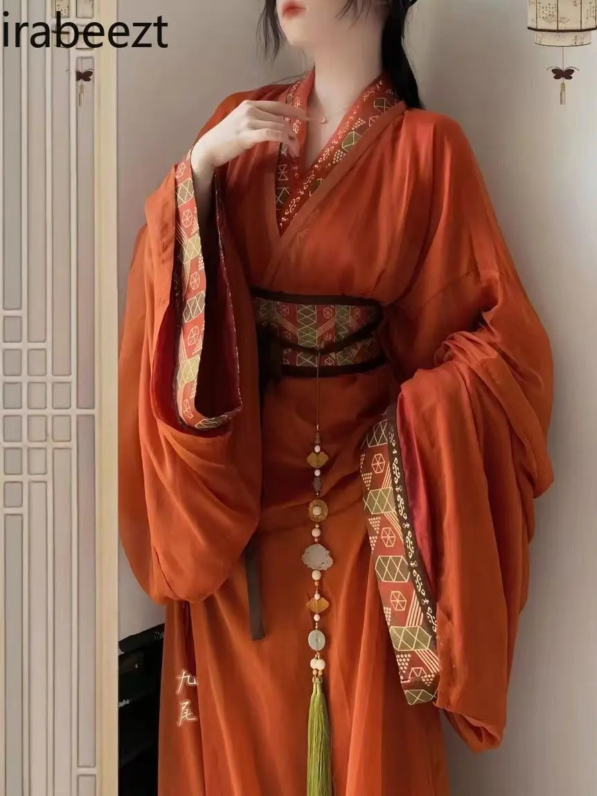 Traditional Hanfu Dress Women's Warring States Robe Long Trailing Hem Straight Cross Collar  Gown Vintage Chinese Costume