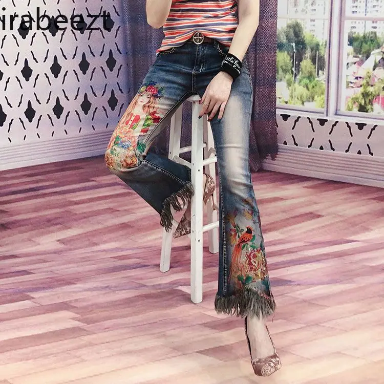 ​ ​Women's 2025 Autumn Floral Rhinestone Trousers High Waist Wide Leg Flared Denim Pants Vintage Boho Chic Women’s Jeans