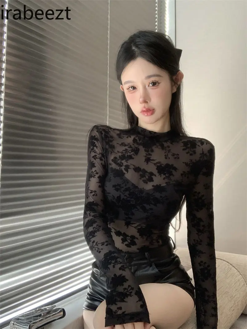 High Neck Long Sleeve Primer See-through Sexy Jumpsuit Flocking Flower Mesh Stretch Girl Black Top Autumn Shirts for Women