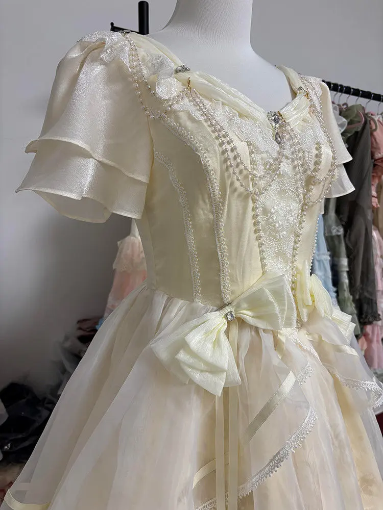 Elegant French Bow Robe - Summer White Princess Gown Sweet Aesthetic Vintage Long Dress for Women Fashion Ladies Party Wear