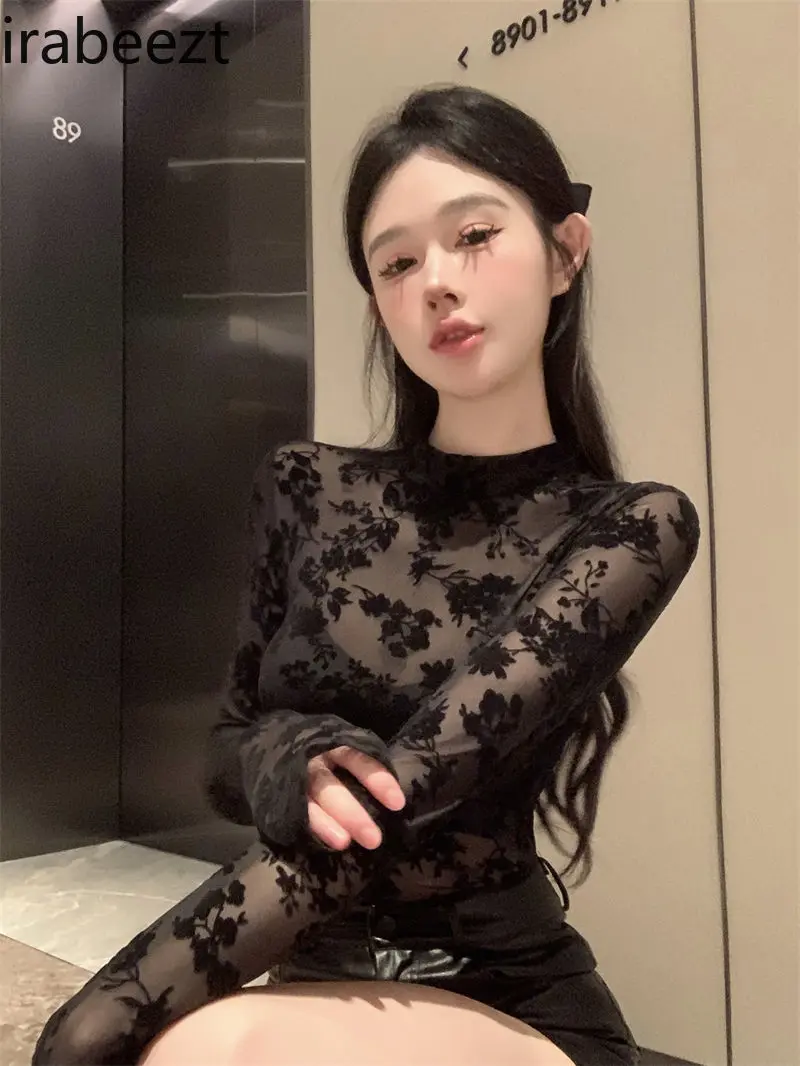 High Neck Long Sleeve Primer See-through Sexy Jumpsuit Flocking Flower Mesh Stretch Girl Black Top Autumn Shirts for Women