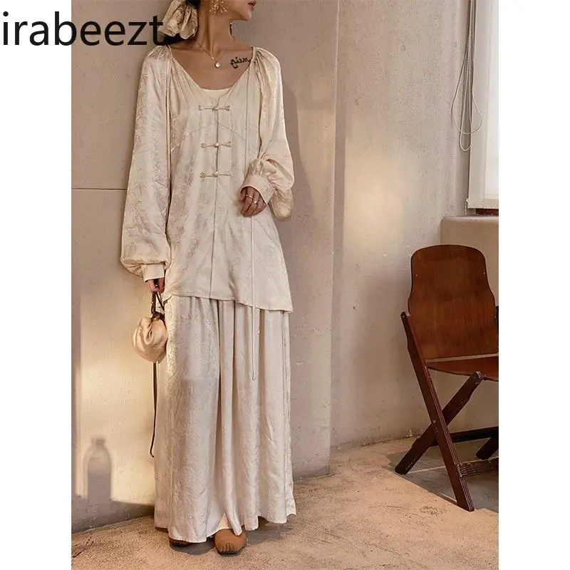 Elegant Chinese Style Suit Clothing New Autumn Zen Tea Skirt Women's Bohemian Flowy Casual Loose Vintage Skirt Set