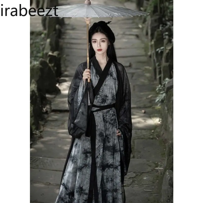 Black Hanfu Martial Arts Women's Outfit - Ethereal Chilly Elegance with Flowing Silky Fabric Vintage Chinese Attire for Spring