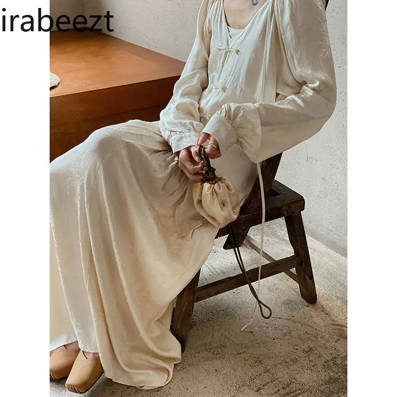 Elegant Chinese Style Suit Clothing New Autumn Zen Tea Skirt Women's Bohemian Flowy Casual Loose Vintage Skirt Set