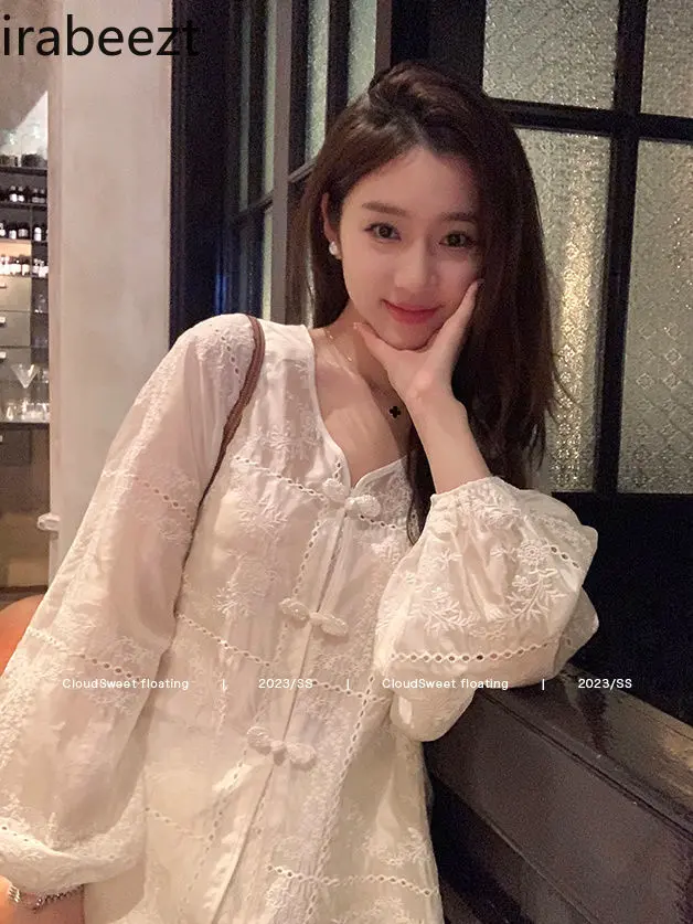 New Chinese Style Hollow Embroidery Blouse & White Short Pants 2-Piece Set Elegant Summer Outfit for Women Fashionable Wear