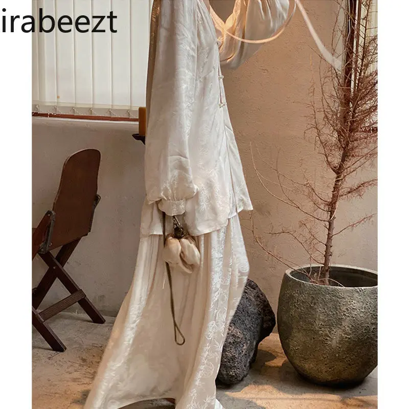 Elegant Chinese Style Suit Clothing New Autumn Zen Tea Skirt Women's Bohemian Flowy Casual Loose Vintage Skirt Set