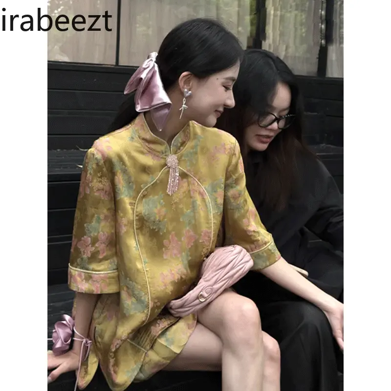 2025 New Chinese Style Women's Dress Pants Set Yellow Tang Suit Two-Piece Outfit Luxury Summer Loose Casual Elegant