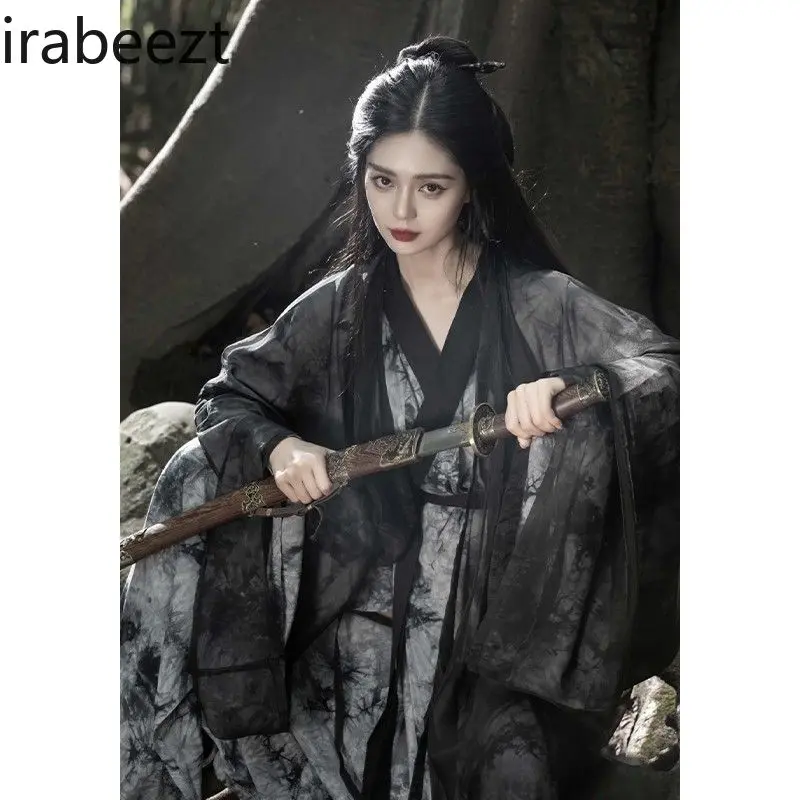 Black Hanfu Martial Arts Women's Outfit - Ethereal Chilly Elegance with Flowing Silky Fabric Vintage Chinese Attire for Spring