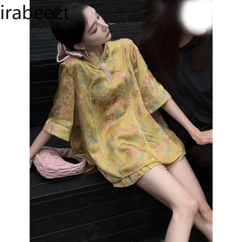 2025 New Chinese Style Women's Dress Pants Set Yellow Tang Suit Two-Piece Outfit Luxury Summer Loose Casual Elegant