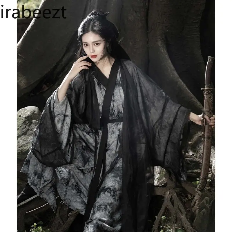 Black Hanfu Martial Arts Women's Outfit - Ethereal Chilly Elegance with Flowing Silky Fabric Vintage Chinese Attire for Spring