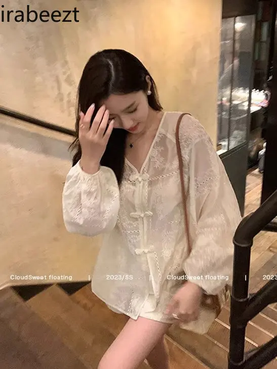 New Chinese Style Hollow Embroidery Blouse & White Short Pants 2-Piece Set Elegant Summer Outfit for Women Fashionable Wear