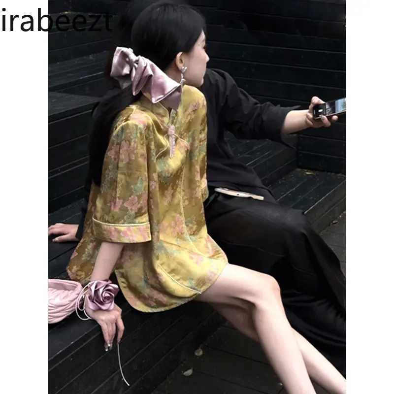 2025 New Chinese Style Women's Dress Pants Set Yellow Tang Suit Two-Piece Outfit Luxury Summer Loose Casual Elegant