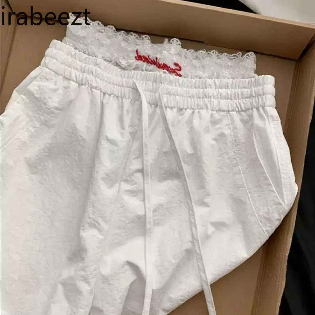 Spring and Summer New Lace Stitching White Overalls Loose Slim Straight Wide-leg Pants Women's Fashion Trousers