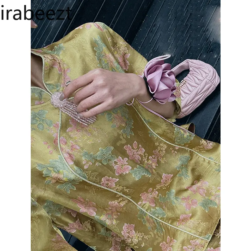 2025 New Chinese Style Women's Dress Pants Set Yellow Tang Suit Two-Piece Outfit Luxury Summer Loose Casual Elegant