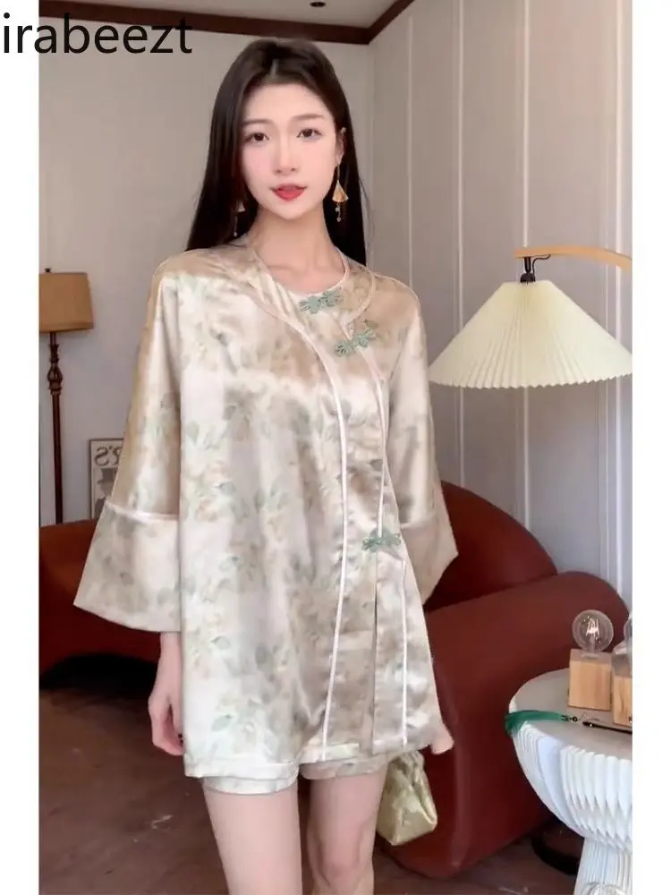 Women's Vintage Chinese Knot Button Blouse & Crop Pant Set - Elegant Vintage Style Casual/Office/Date Outfit