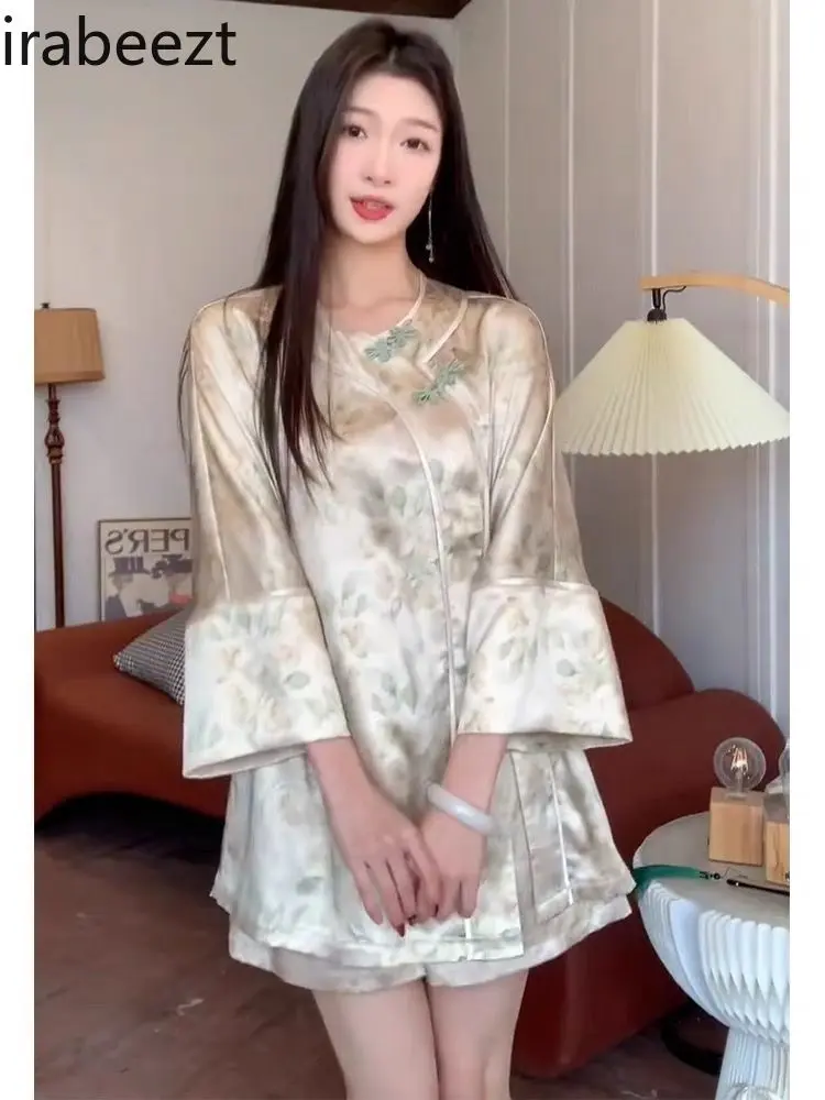 Women's Vintage Chinese Knot Button Blouse & Crop Pant Set - Elegant Vintage Style Casual/Office/Date Outfit