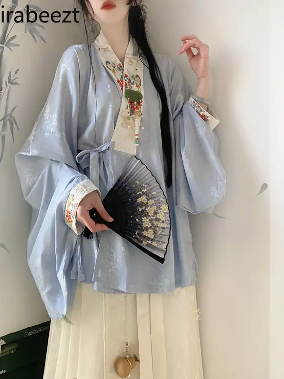 Women's Ming Dynasty Style Hanfu Outfit - Cross Collar Blouse & Horse Face Skirt Set Traditional Chinese Spring Costume