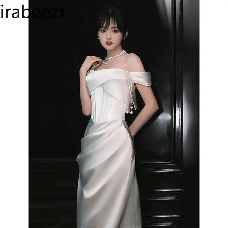 Women's Summer Elegant Satin One-Shoulder Gown - Luxury French Style Party Dress with High-End Minimalist Design